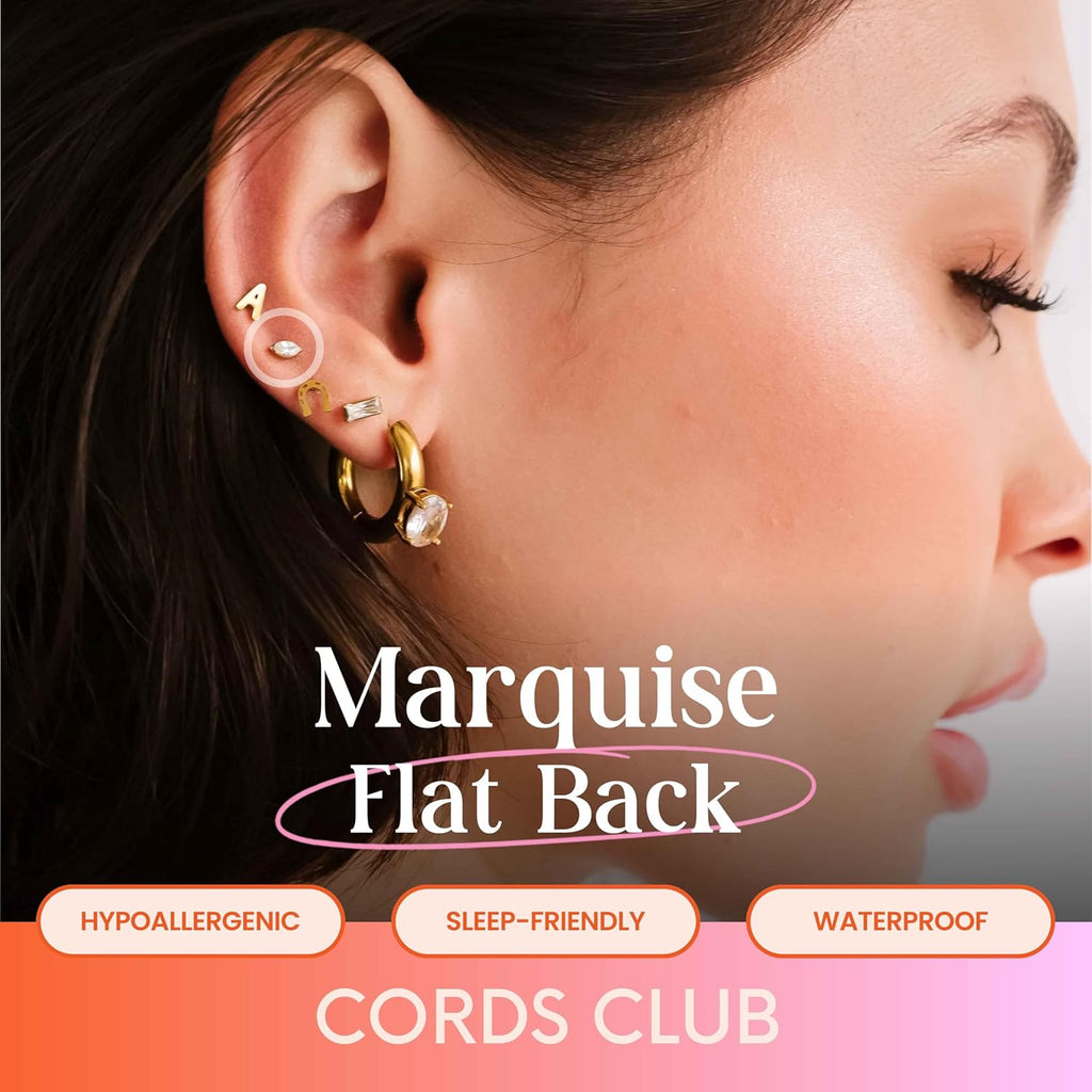 Cords Club Marquise Flat Back Stud – ASTM-F136 Implant Grade Titanium - Push Pin Design for Sensitive Ears – Available in 18K Gold Plated & Titanium Silver (Single Earring)