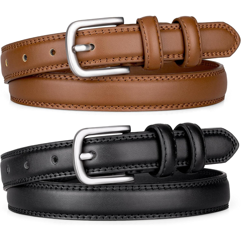 2 Pack Leather Belts for Women Trendy, Women's Belts for Jeans Pants Dresses with Silver Buckle