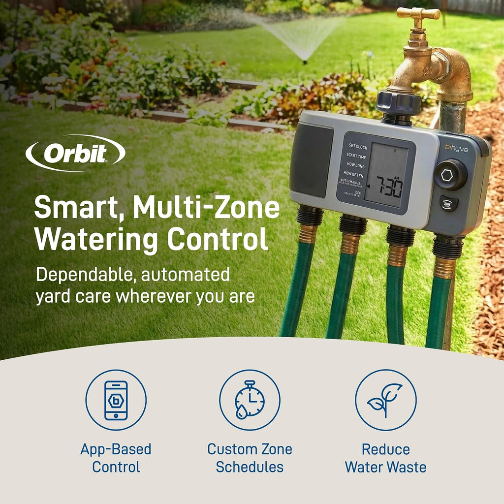 Orbit B-Hyve Xd 4-Port Smart Hose Watering Timer - App Controlled - Smart Weathersense - Bluetooth Sprinkler Timer With Remote Control - Multi Outlet Yard Irrigation System - 24634