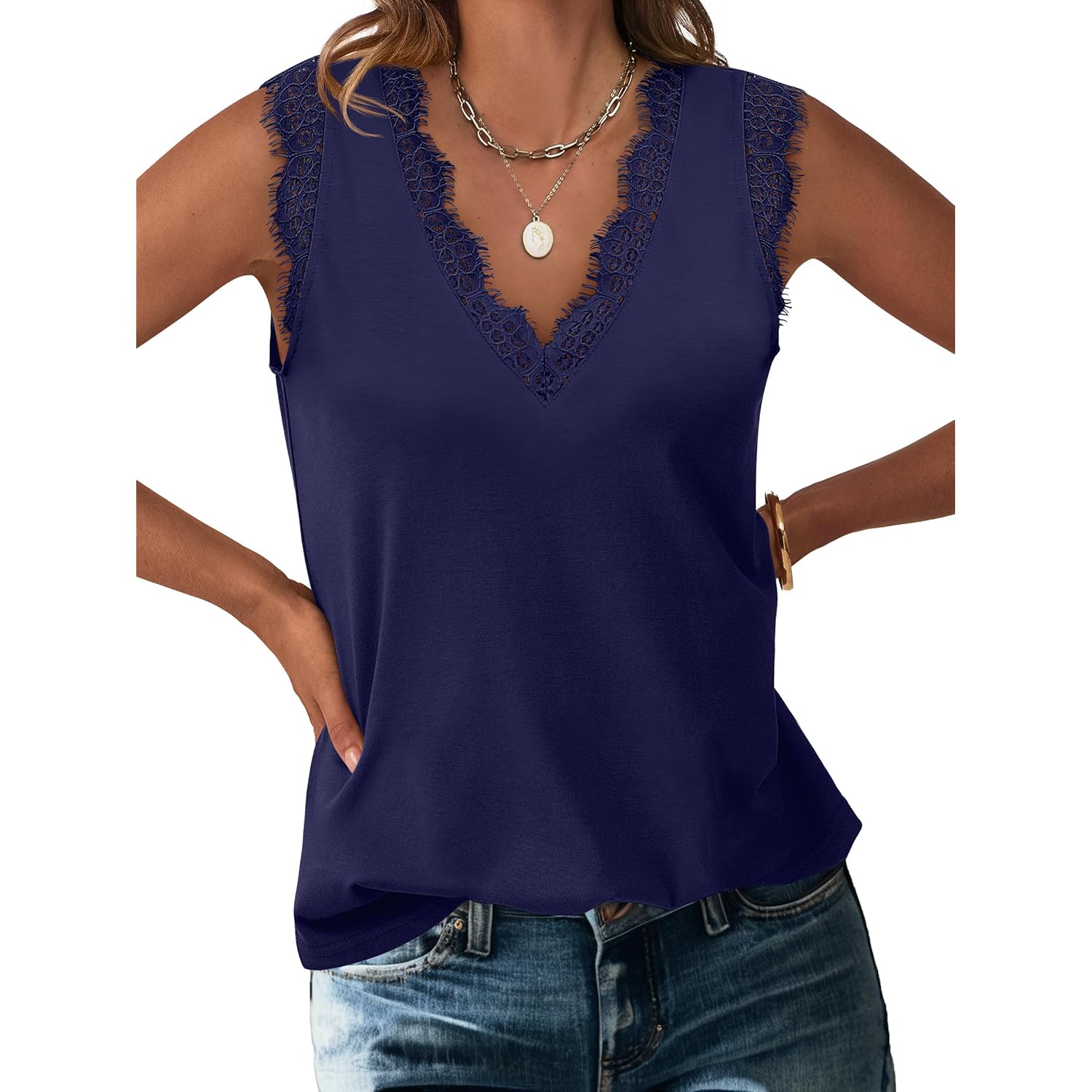 Womens Lace Trim Tank Tops V Neck Sleeveless Shirts 2026 Summer Casual Trendy Dressy Cami Top