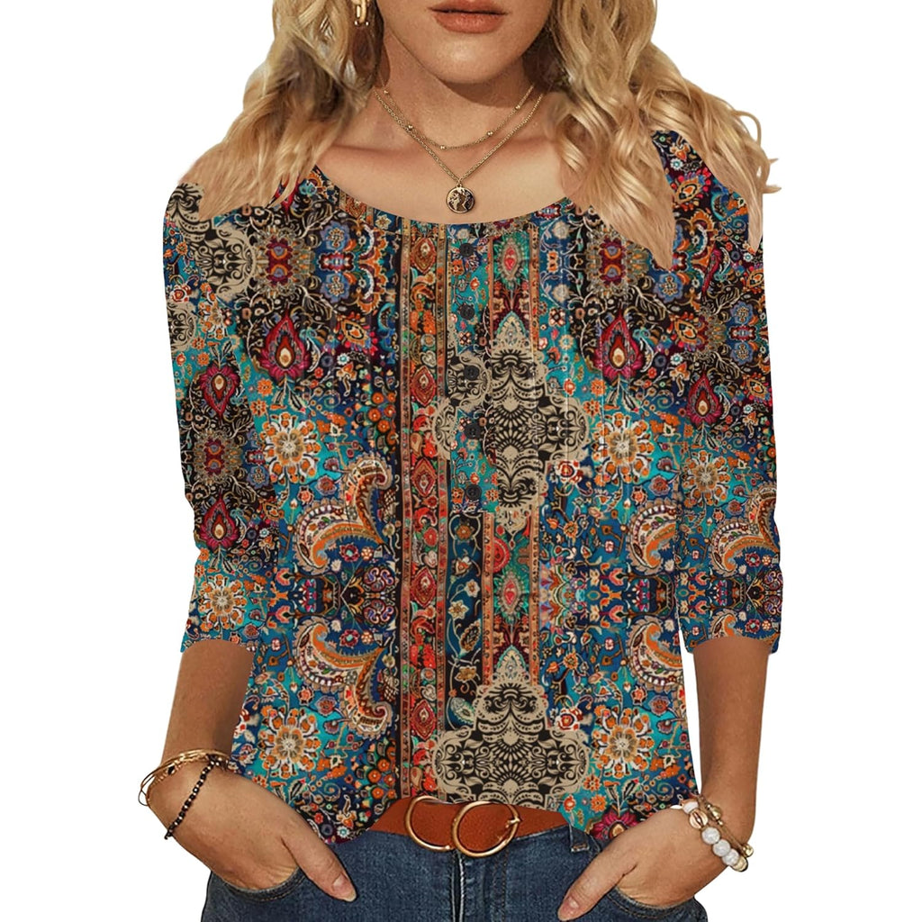 3/4 Length Sleeve Womens Tops Round Neck Casual Summer Tunic Tops Basic Tees Blouses Dressy T-Shirts Pleated Shirts