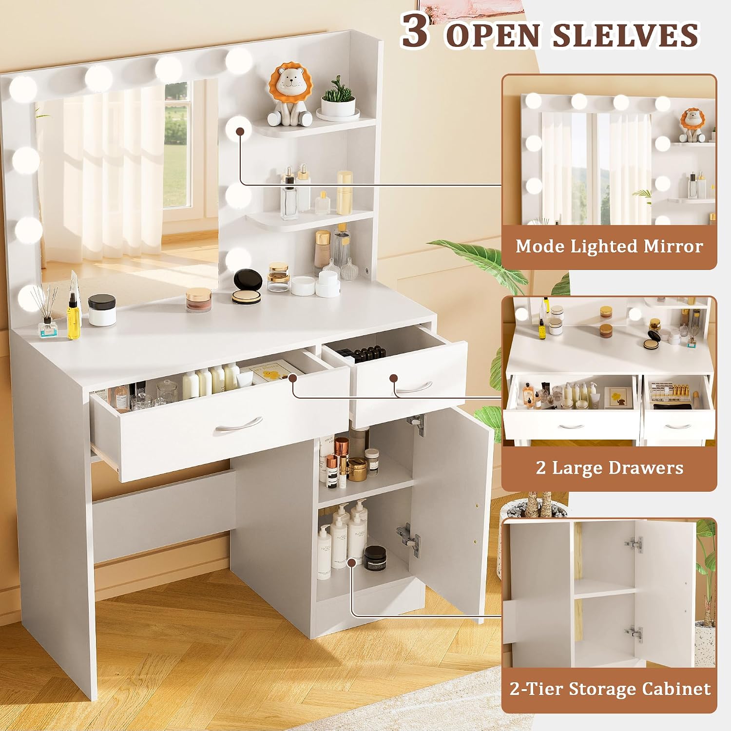 Livelyglow 35.4" White Makeup Vanity Desk With 10 Hollywood Light Bulbs | Dimmable Lighting, Large Mirror, Storage Cabinet