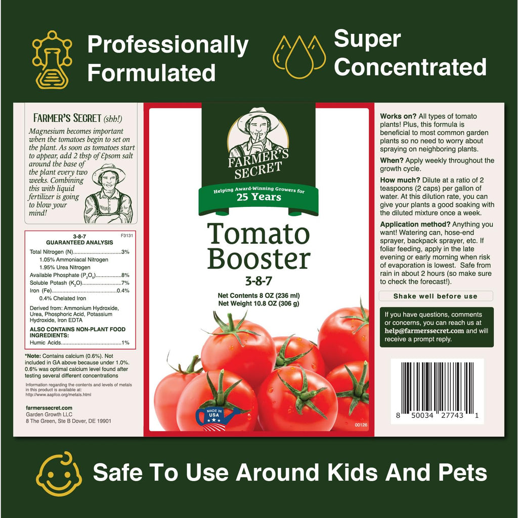 Farmer'S Secret Tomato Booster Fertilizer - Super Concentrated - 3:8:7 Ratio Fortified With Humic Acid, Iron And Calcium - Grow More Tomatoes (8Oz)