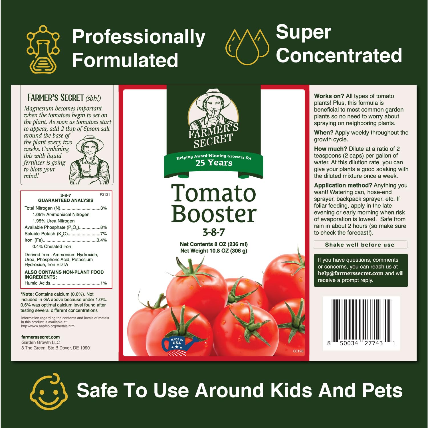 Farmer'S Secret Tomato Booster Fertilizer - Super Concentrated - 3:8:7 Ratio Fortified With Humic Acid, Iron And Calcium - Grow More Tomatoes (8Oz)