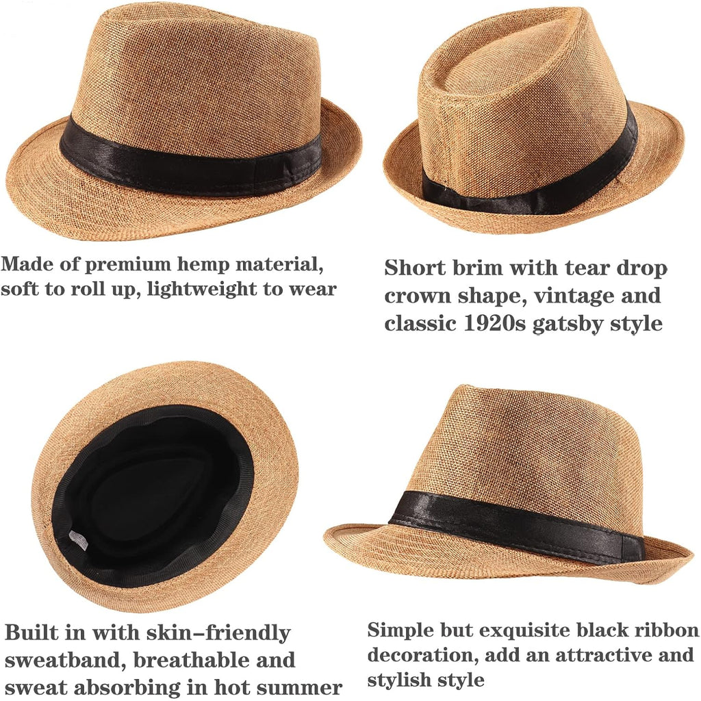 5 Pack Short Brim Fedora Classic Summer Beach Sun Hat Panama Cap for Men Women 5pack-black
