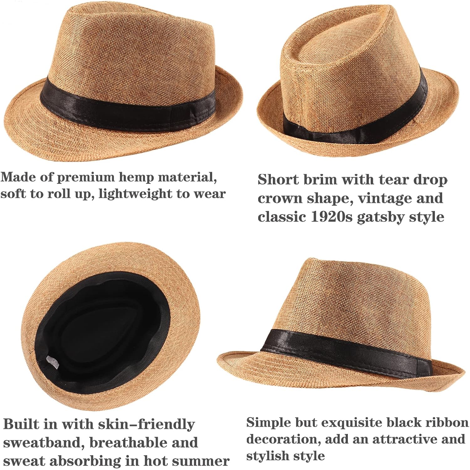 5 Pack Short Brim Fedora Classic Summer Beach Sun Hat Panama Cap for Men Women 5pack-black