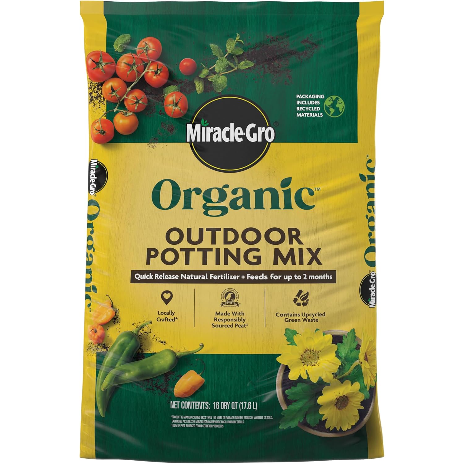 Miracle-Gro Organic Outdoor Potting Mix, 16 Qt. | Plant Soil For Outdoor Container Plants, Contains Quick-Release Natural Fertilizer, Omri Listed