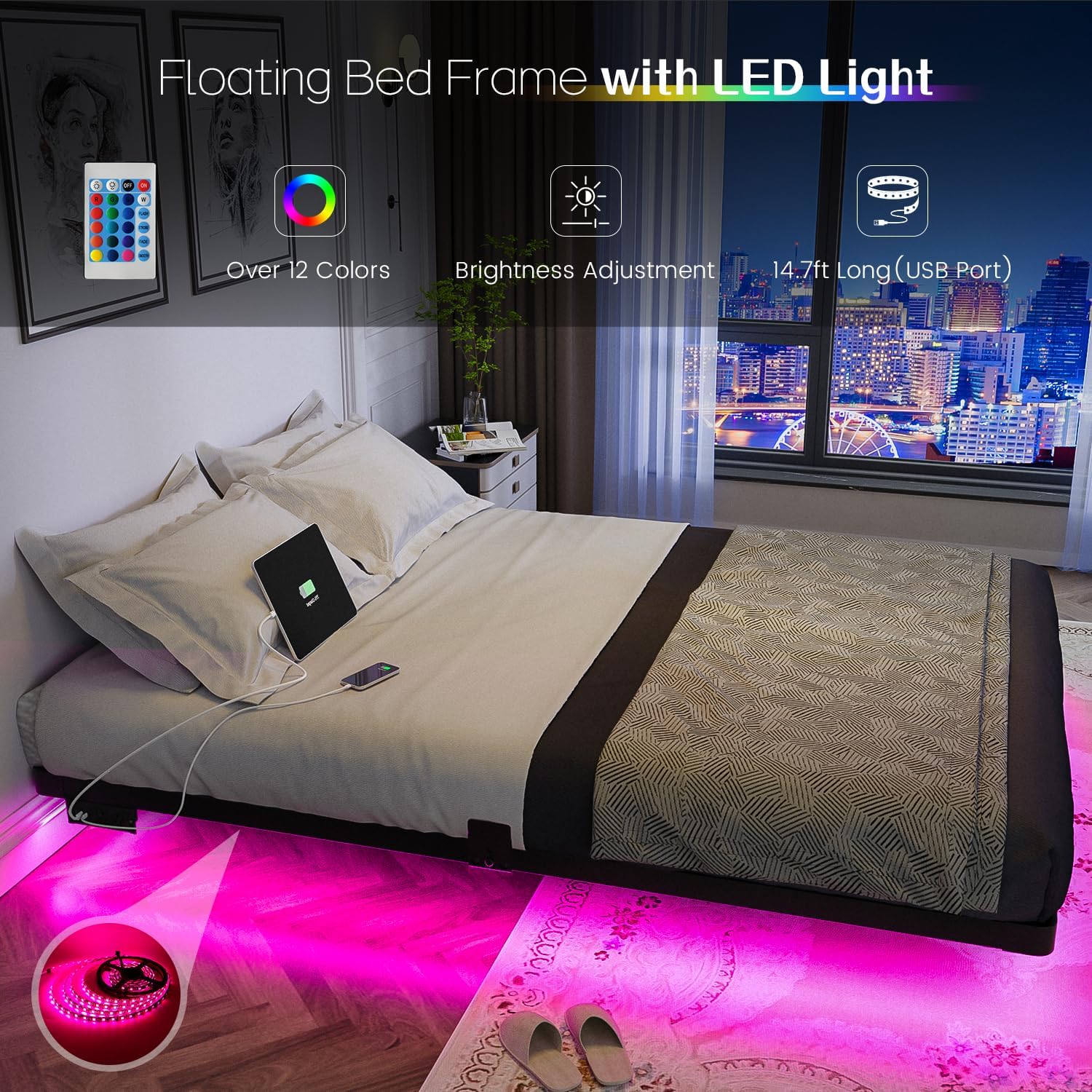 Olevs Floating Bed Frame Queen Size With Smart Led Lights And Charging Station - Modern Metal Platform Bed, Easy Assembly No Box Spring Needed