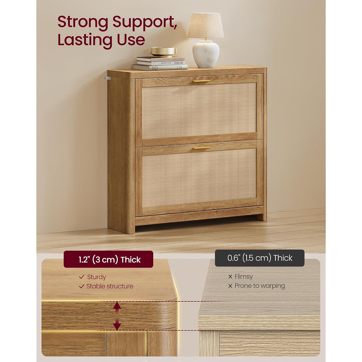 Vasagle Ellan Collection - Boho Shoe Storage Cabinet For Entryway Slim, Entry Shoe Cabinet With Rattan-Look Flip Drawers, Rounded Corners, Narrow For Entrance, Natural Brown Uhsc601Kc01