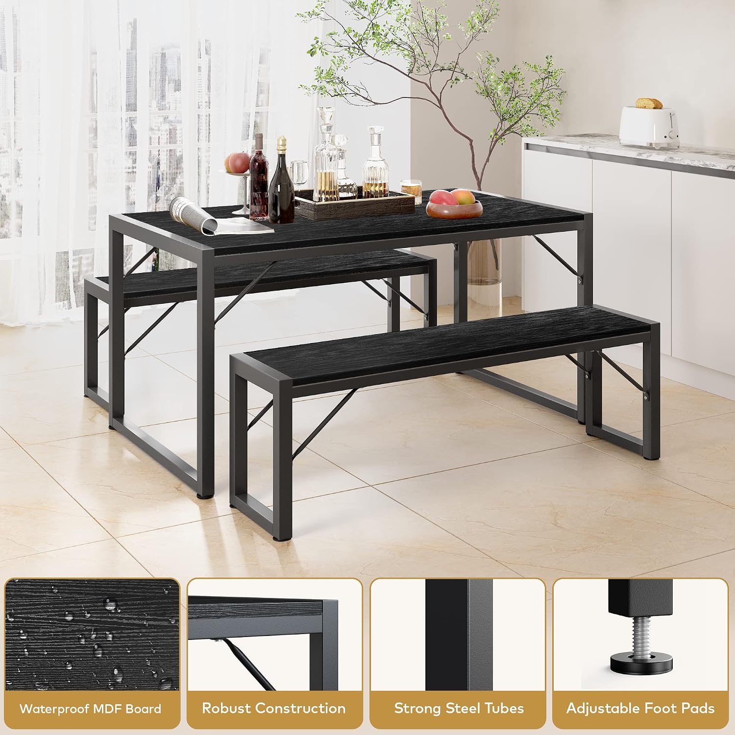 Gizoon 45.5" Dining Table Set For 4 With 2 Benches, Kitchen Table Set With Metal Frame & Mdf Board, Space-Saving Dinette For Kitchen, Dining Room -Black