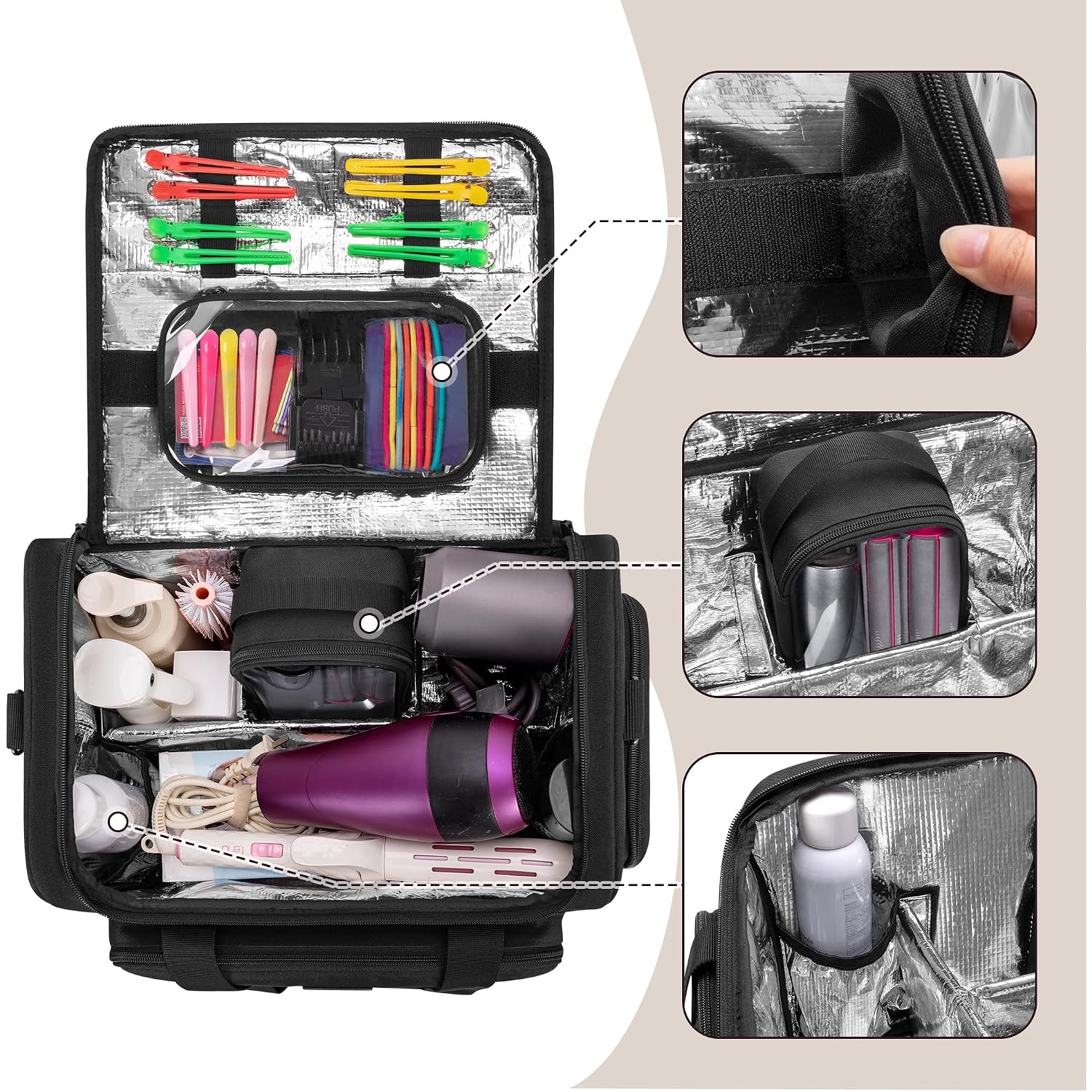 Large Insulated Hairdresser Bag With A Semi Detachable Divider And 2 Removable Pouches, Hairstylist Traveling Bag Holds Various Hair Cutting Tools, Black