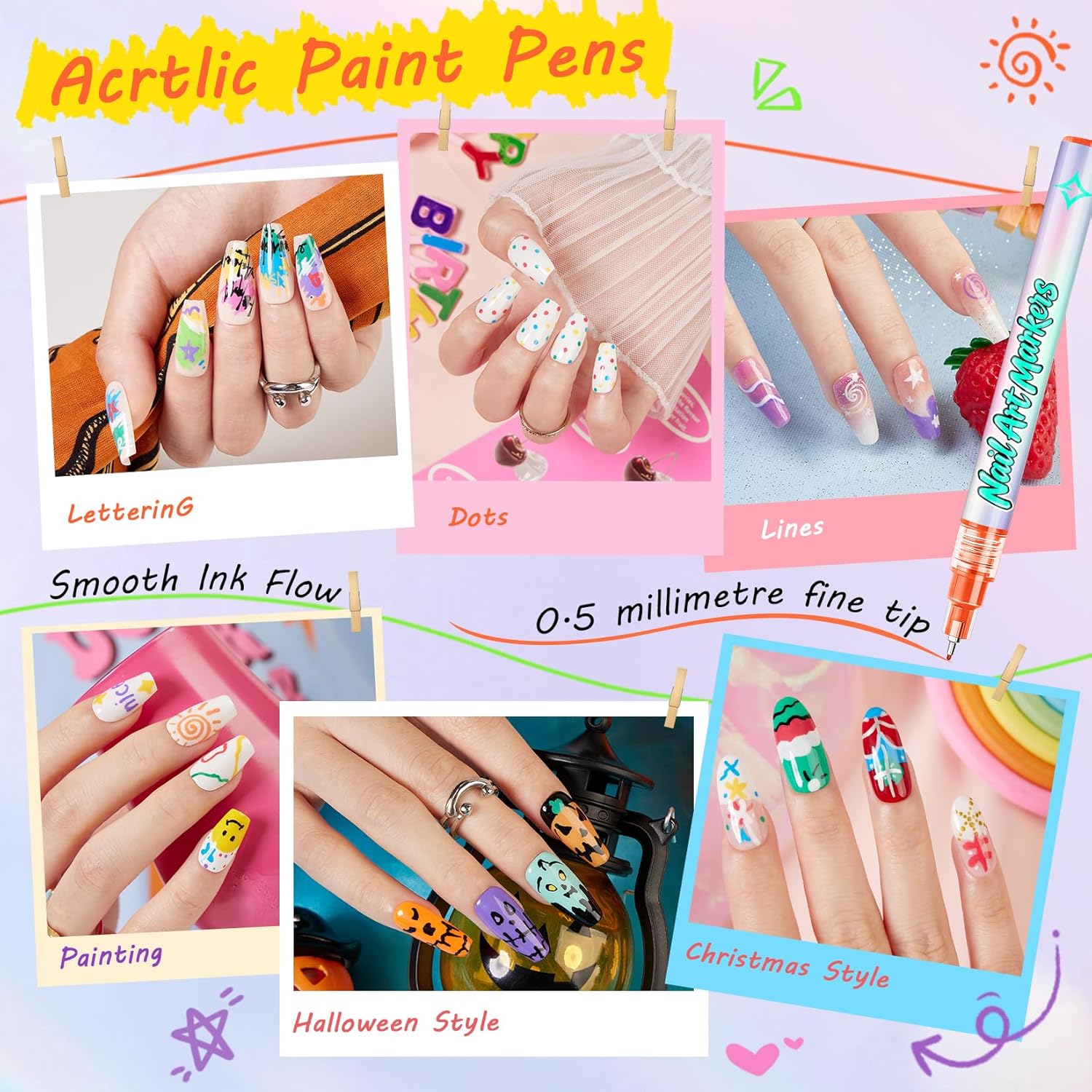 Glamonade Nail Art Markers for Kids: 0.5MM Fine Tip Vibrant Nail Polish Pens Non Toxic Set for Painting Decorate Nails Graffiti Pens DIY Salon Design & Quick Dry Hours of Fun Girls Safe Manicure Gift