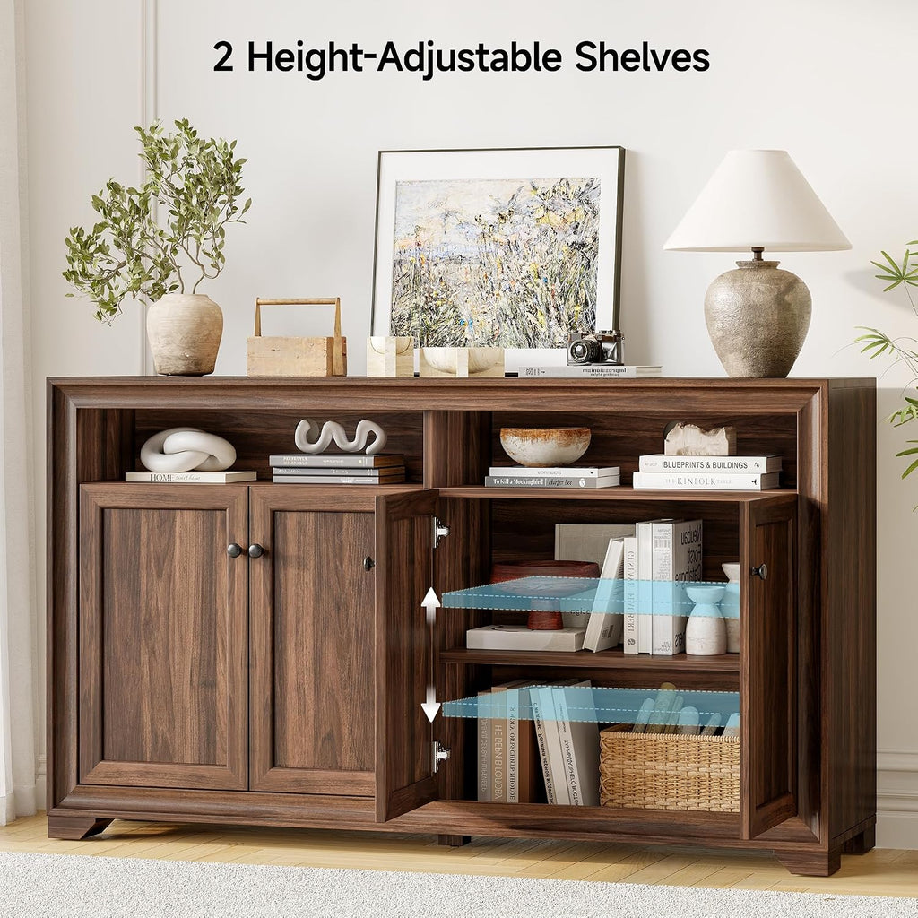 60 Inches Sideboard Buffet Cabinet With Storage, 4 Doors Large Sideboard, Kitchen Cabinet With Open Shelf & Adjustable Shelf, Kitchen Coffee Bar Console Table For Living Room, Hallway, Brown