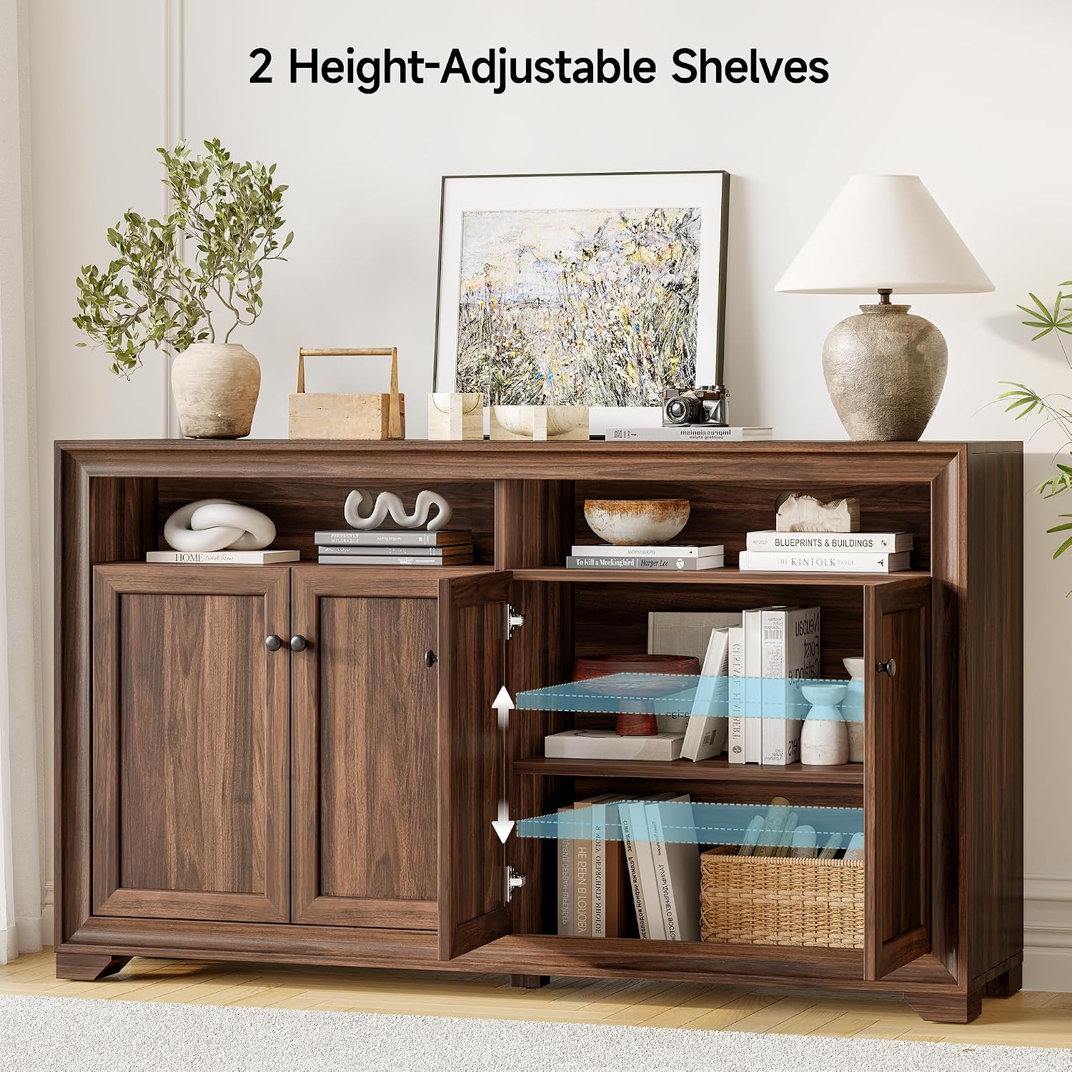 60 Inches Sideboard Buffet Cabinet With Storage, 4 Doors Large Sideboard, Kitchen Cabinet With Open Shelf & Adjustable Shelf, Kitchen Coffee Bar Console Table For Living Room, Hallway, Brown