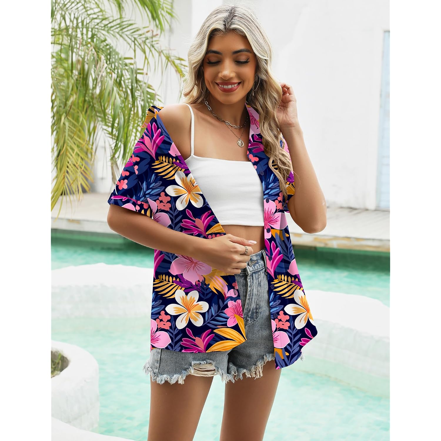Lomon Women'S Summer Hawaiian Shirts Floral Short Sleeve Button Down Shirts Hawaii Tropical Beach Tops Outfits