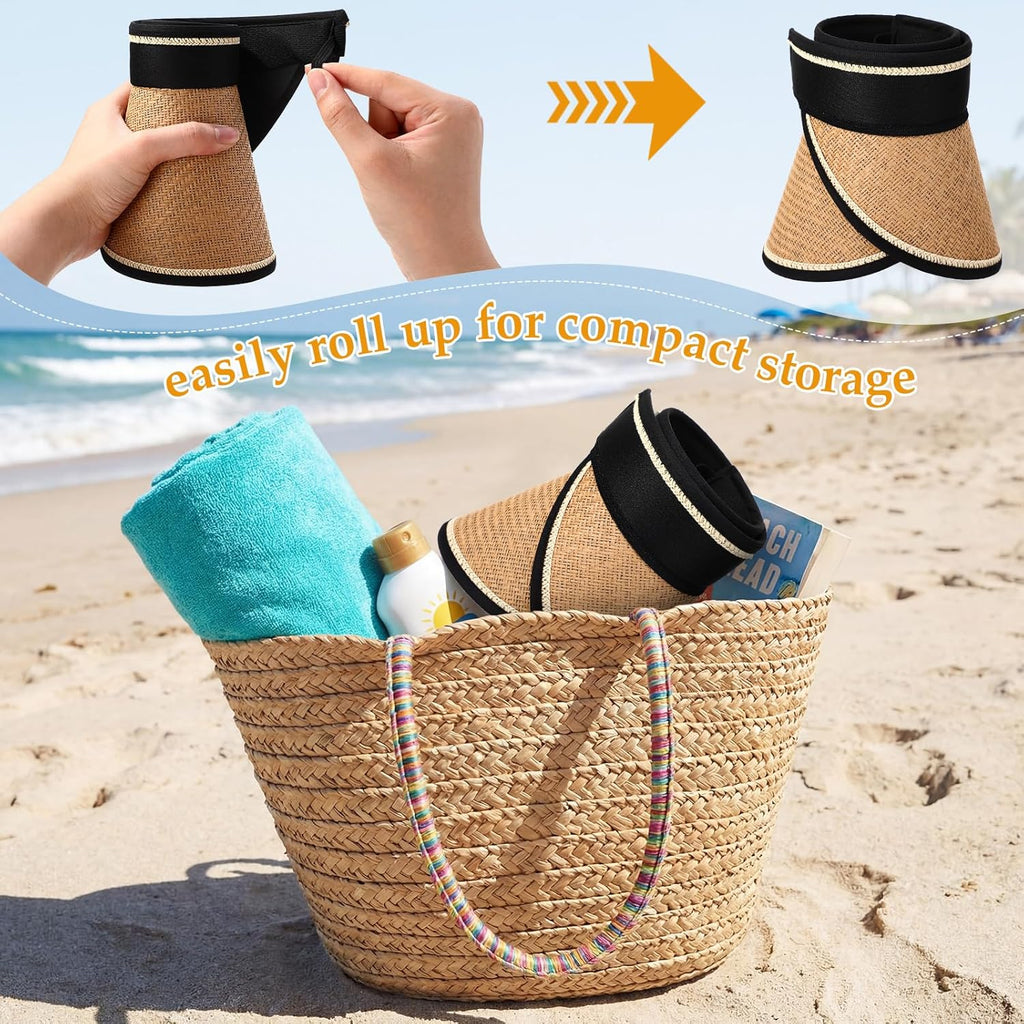 12 Pack Wide Brim Sun Visor Hats for Women UPF 50+ Foldable Straw Beach Hat UV Protection for Travel, Vacation