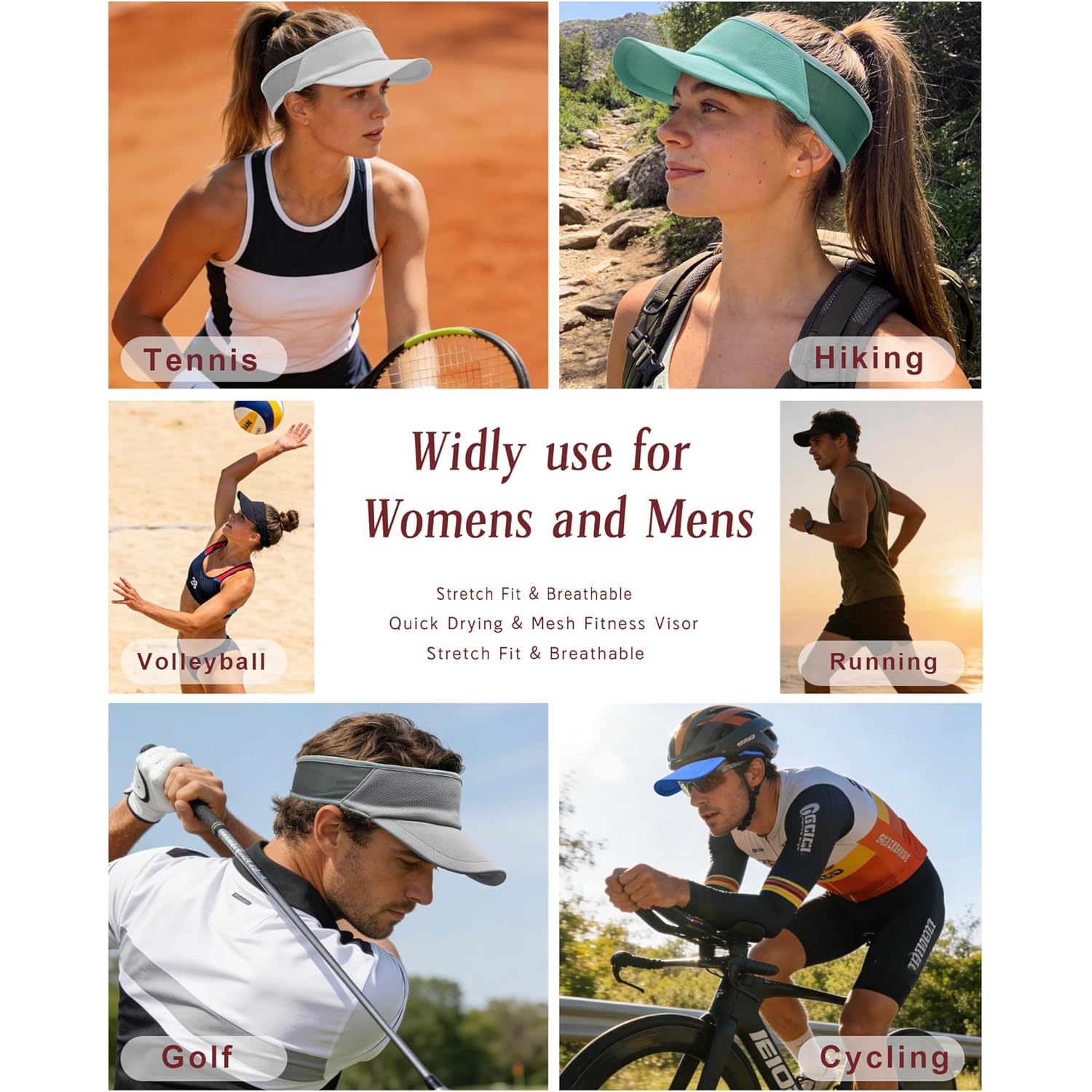 Sports Sun Visor for Women Men, Summer Cooling Stretchy Visors Hats, Womens Ponytail Hat for Golf, Running, Beach Tennis