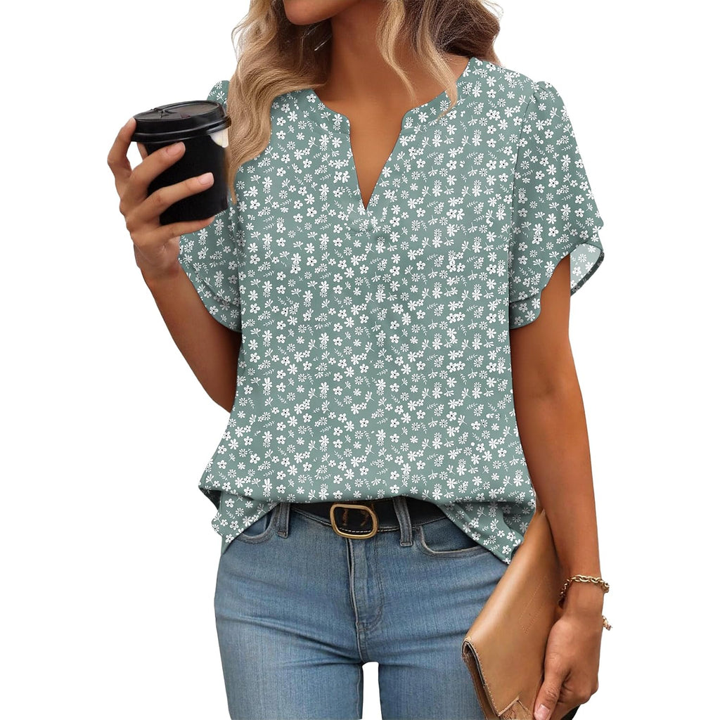 Zeagoo Womens Dressy Casual Shirts Short Sleeve V Neck Work Blouse Business Casual Summer Chiffon Tops
