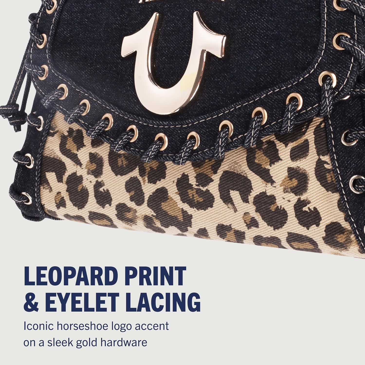 True Religion Denim Eyelet Trim Flap Bag, Studded Lace-Up Crossbody Shoulder Handbag With Horseshoe Logo, Leopard