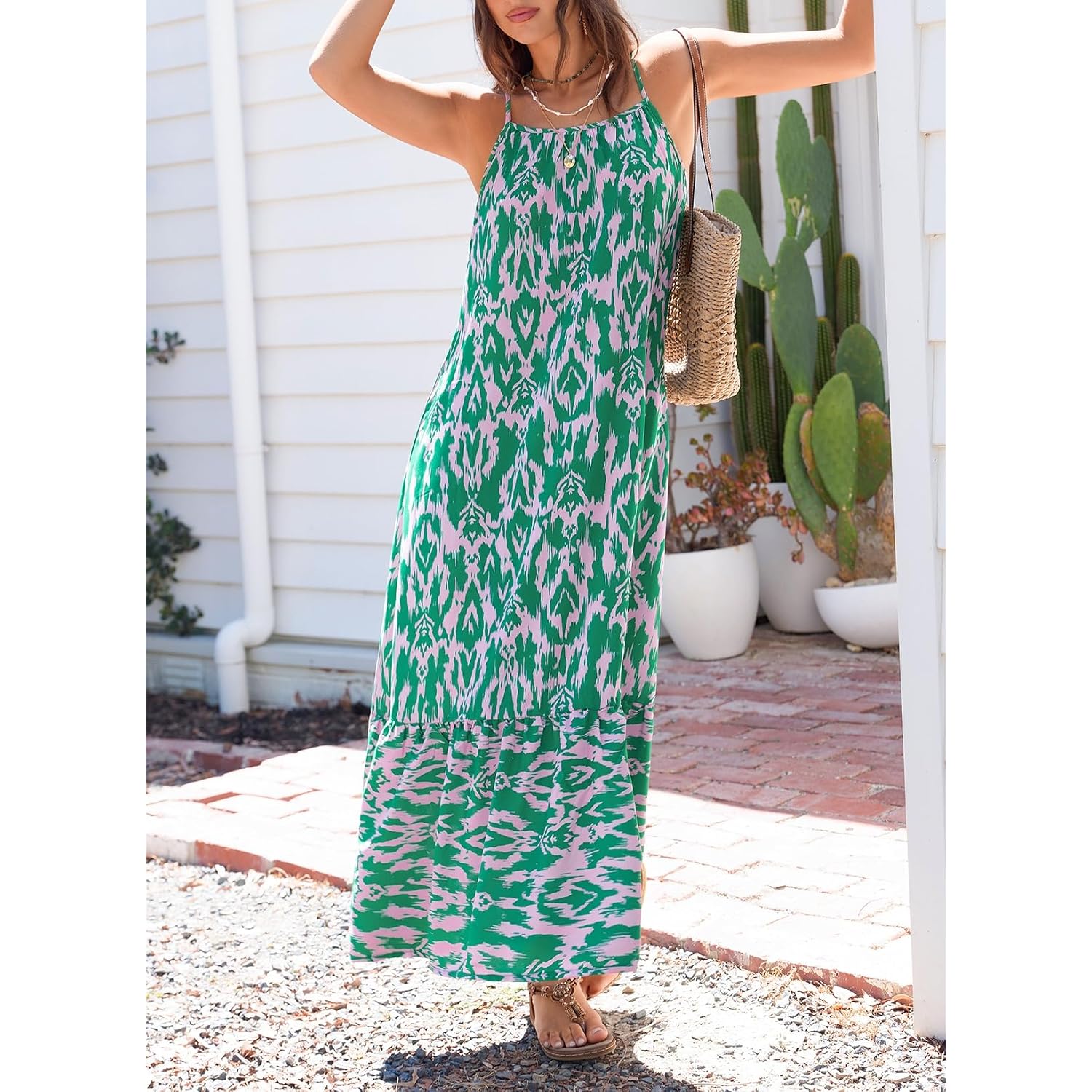 Dokotoo Women Summer Dresses 2026 Spaghetti Strap Scoop Neck Smocked Ruffle Flowy Boho Maxi Dress