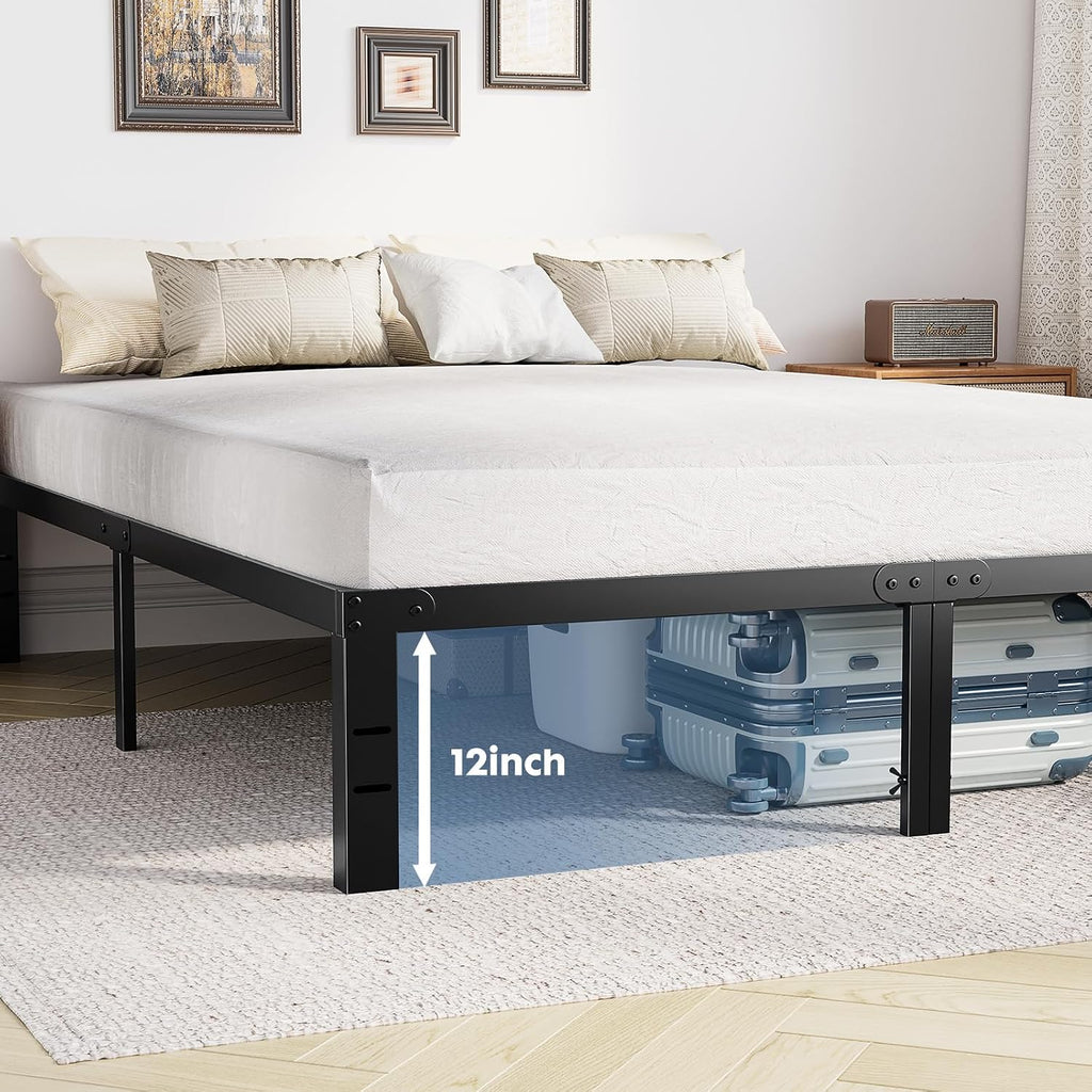 Dumos Queen Size 12" Bed Frame - Metal Platform Bed Frame Mattress Foundation With Steel Slat Support, No Box Spring Needed, Storage Space Under Base, Easy Assembly, Black