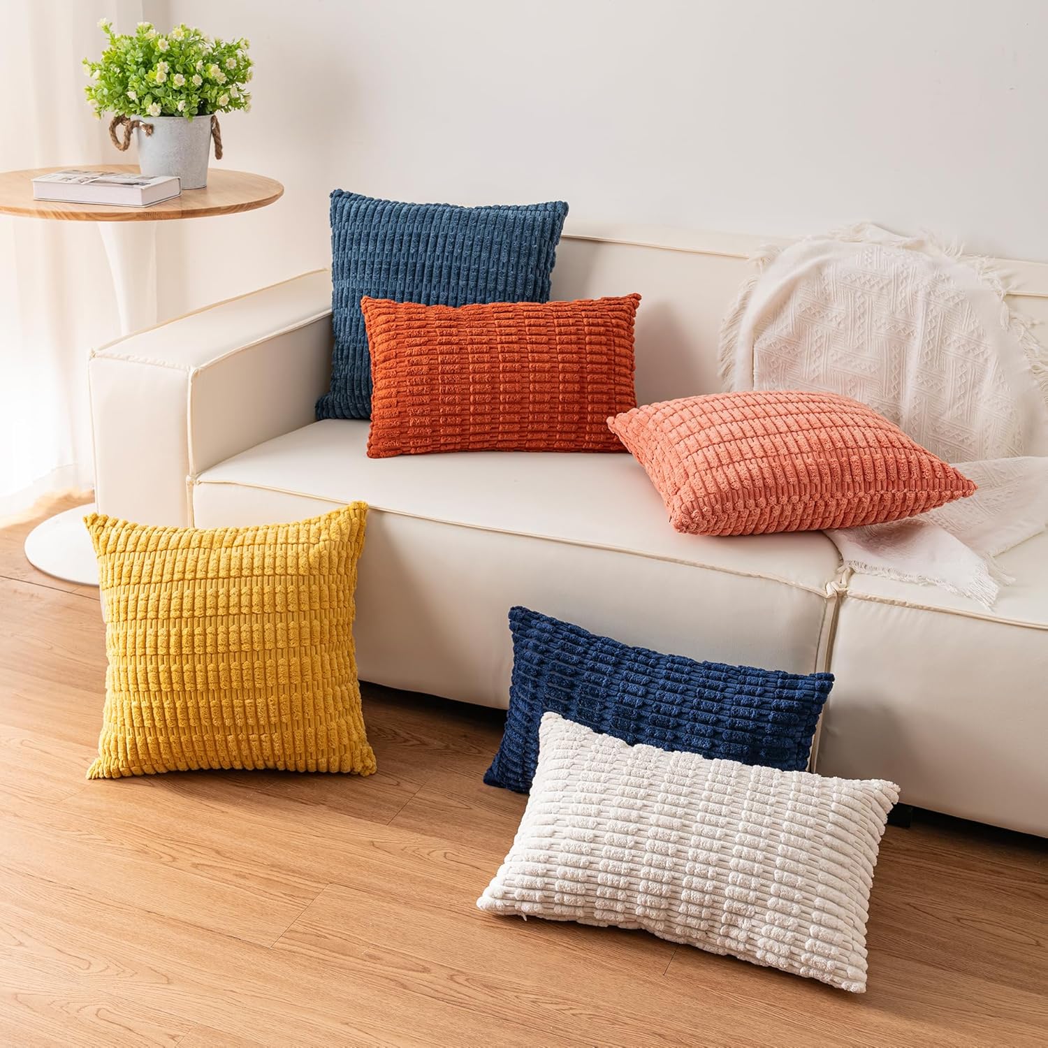 Aegero Pack of 2 Corduroy Decorative Throw Pillow Covers 18x18 Inch Soft Striped Pillow Covers Modern Farmhouse Home Decor for Sofa Living Room Couch Bed(Cream White)