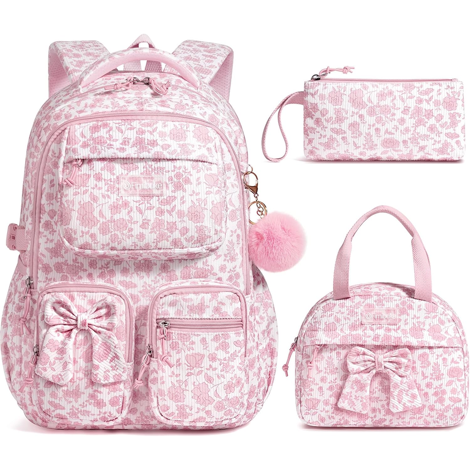 Fimibuke 3Pcs Corduroy Backpack For School Girls With Lunch Box Pencil Case | Lightweight Teen Girls Bow Backpack, Kids School Bag Bookbag For Elementary Middle High School Supplies Laptop Travel Daypack