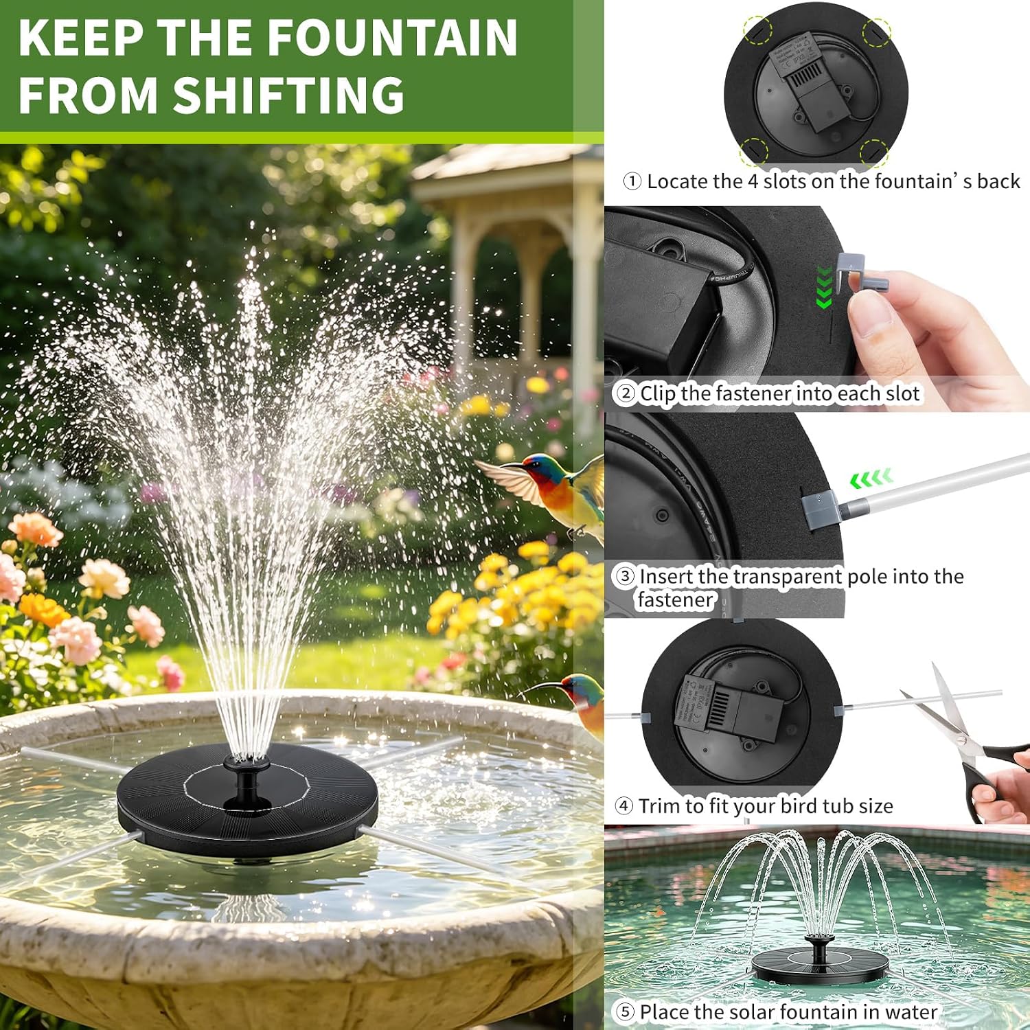 1.5W Solar Fountain, Solar Water Fountain With 6 Nozzles, Solar Water Pump Floating Fountain For Bird Bath, Pond, Garden, Pool, Fish Tank