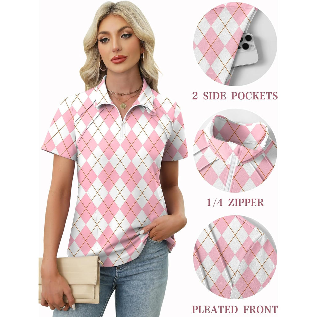 Womens Golf Polo Shirts Summer Short Sleeve 1/4 Zip Tops Moisture Wicking Casual Tennis Activewear with Pockets