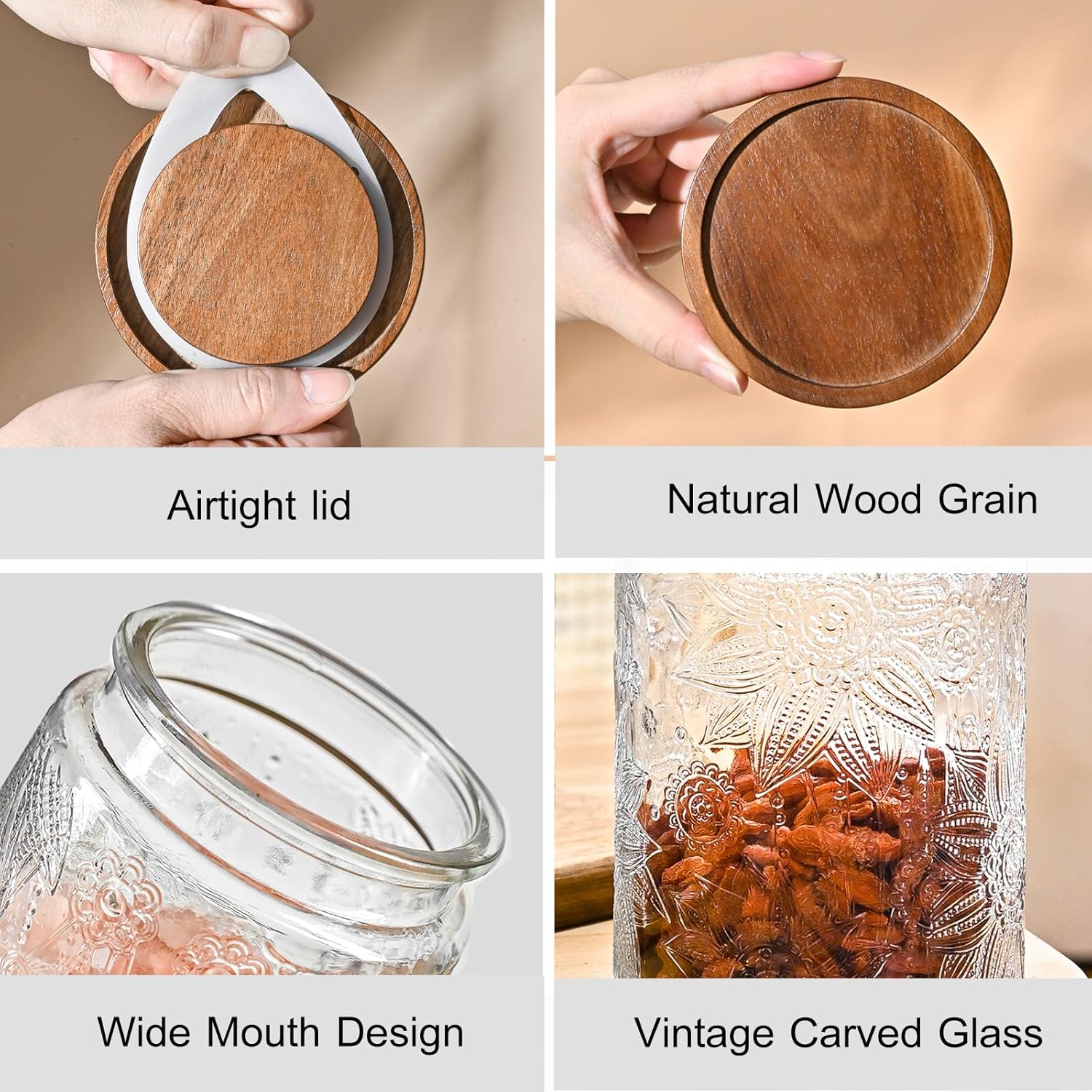 Adodeen 32oz Vintage Glass Jars With Lids, Airtight Food Storage Containers, Kitchen Canisters For Sugar, Coffee, Tea, Spice, Flour, Candy Cookie, Pasta, Cereal, Cute Decorative Jars