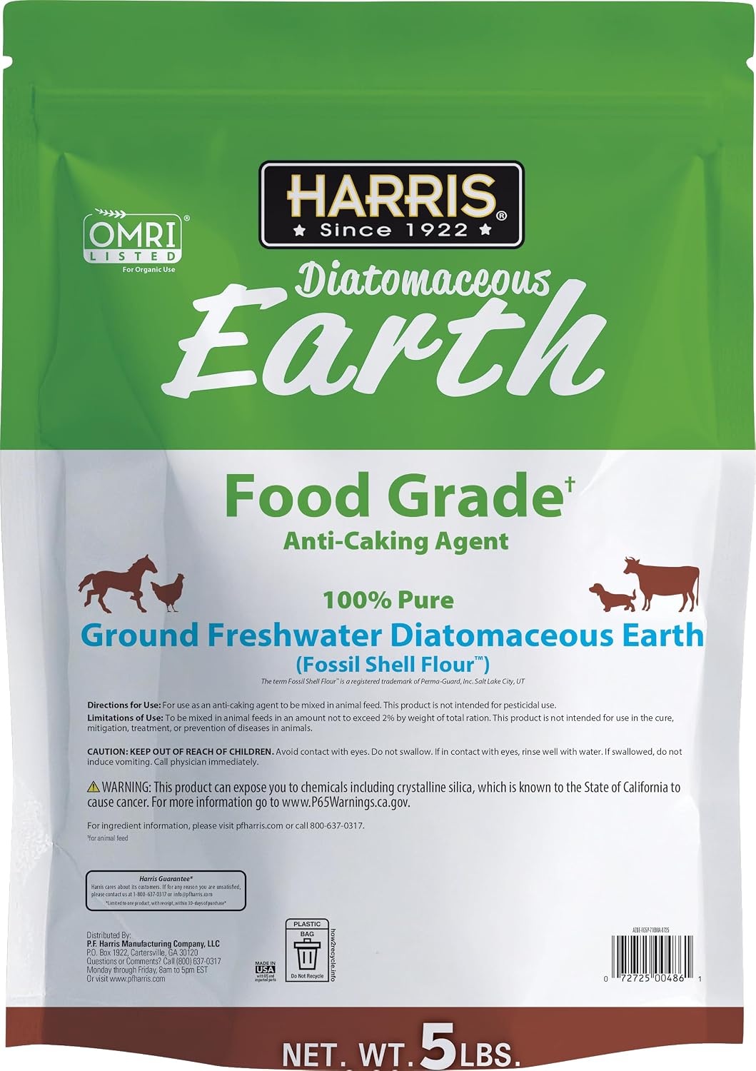 Harris Diatomaceous Earth Food Grade, 5Lb With Powder Duster Included In The Bag, Omri Listed Approved For Organic Use