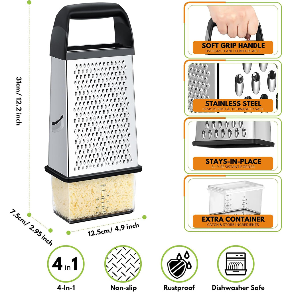 Urbanstrive Cheese Grater With Container Box Grater Stainless Steel Graters For Kitchen Cheese Shredder Parmesan Shredder Kitchen Gadgets Kitchen Tools Kitchen Gifts For Chef Dishwasher Safe Zester
