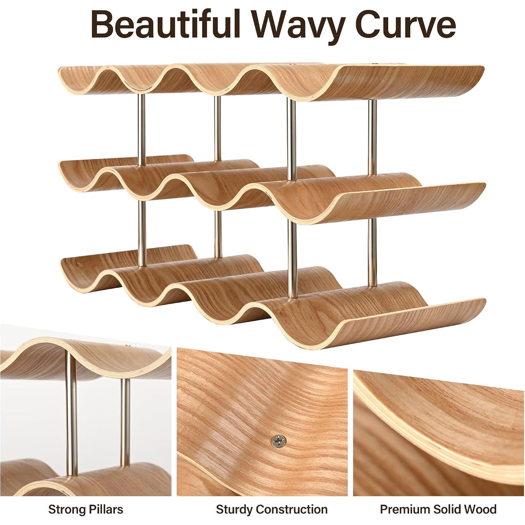 Countertop Wine Rack - 12 Bottle Freestanding Wine Bottle Holder Stand - 3 Tier Wooden Wine Storage Rack - Wavy Wine Organizer For Cabinet Pantry Home Kitchen Bar