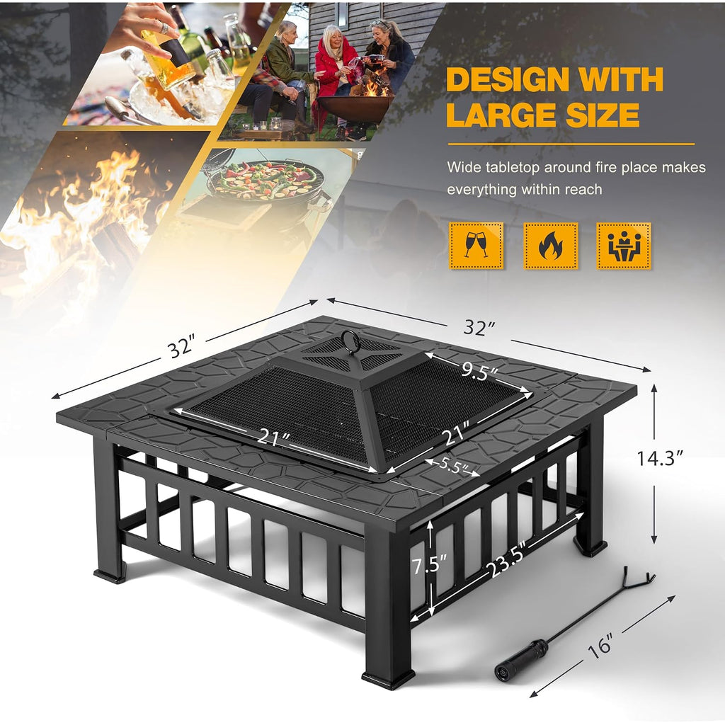 Devoko Outdoor Fire Pit, 32 Inch Firepit Table Metal Outdoor Fireplaces | With Waterproof Cover For Outside Patio Camping (Black)