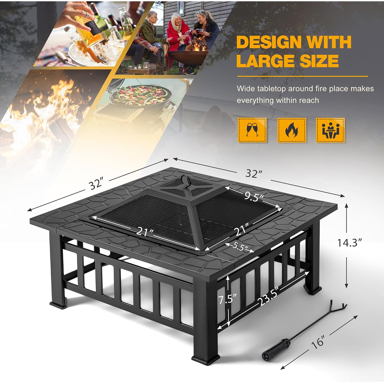 Devoko Outdoor Fire Pit, 32 Inch Firepit Table Metal Outdoor Fireplaces | With Waterproof Cover For Outside Patio Camping (Black)
