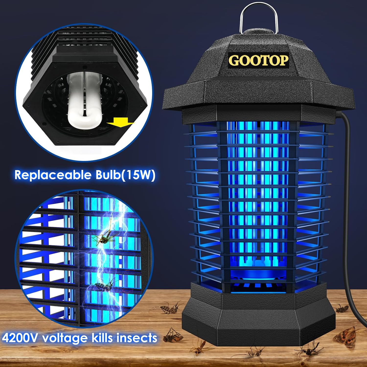 Gootop Bug Zapper Outdoor, Mosquito Zapper, 4200V 3 Prong Plug In Electric Fly Zapper, Mosquito Killer, Fly Traps, Flying Insects Zapper Indoor Outdoor, Abs Plastic Outer (Black)