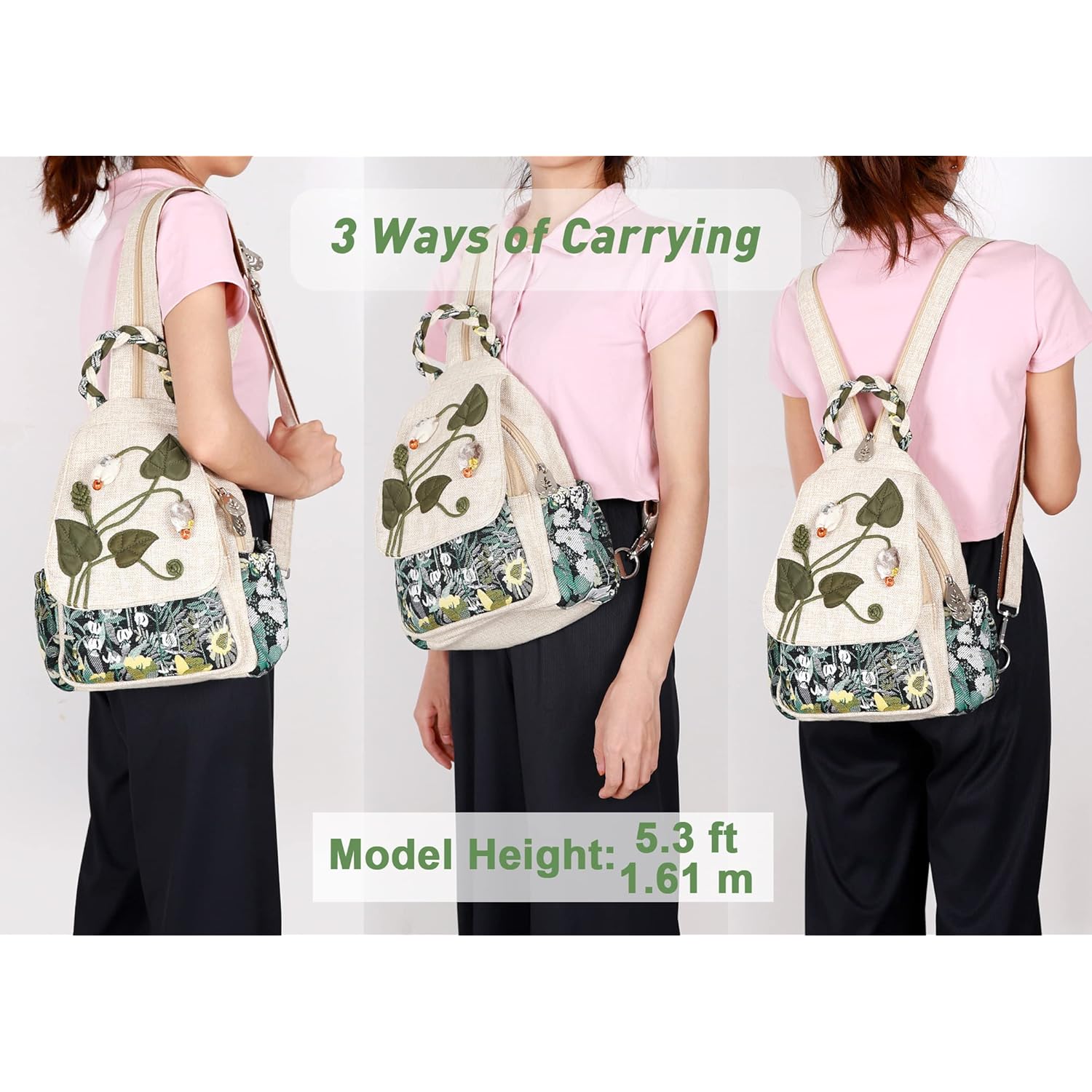 Girl's Convertible Sling Bag, Hand Craft Artisan Purse, Beautiful Canvas Premium Casual Day Mini Backpack for Women (Green Marsh)