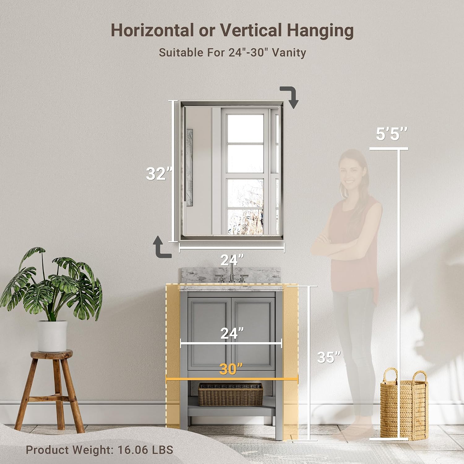 Brushed Nickel Bathroom Mirror, 24X32 Inch Beveled Framed Bathroom Mirror Anti-Rust, Brushed Nickel Metal Frame Bathroom Vanity Mirror For Wall, Vertical/Horizontal Wall-Mounted Mirrors