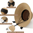 Sun Beach Hats for Women,Wide Brim Straw Hats Womens with Chin Strap, Foldable Woven Sun Hat UV Protection