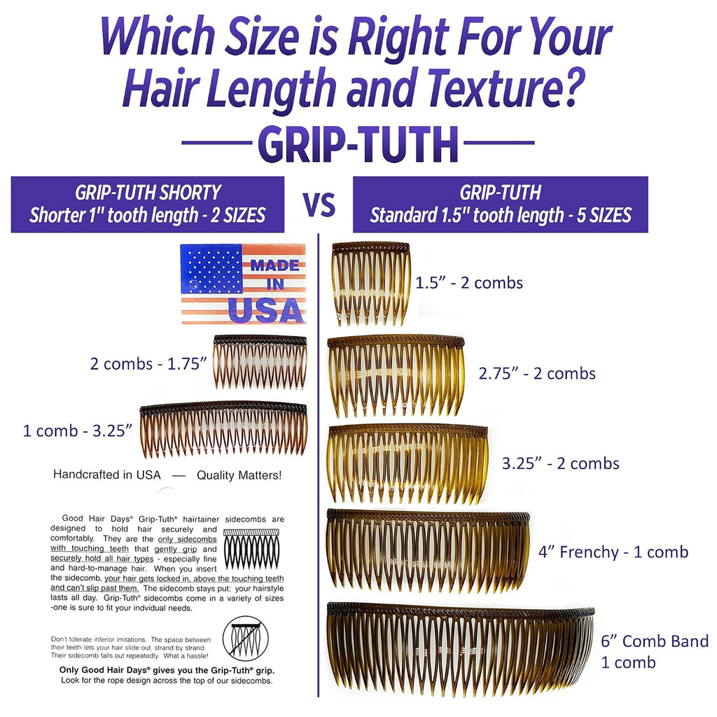 Good Hair Days Grip-Tuth Combs 40415 Set Of 2, Tortoise Shell Color 2 3/4" Wide
