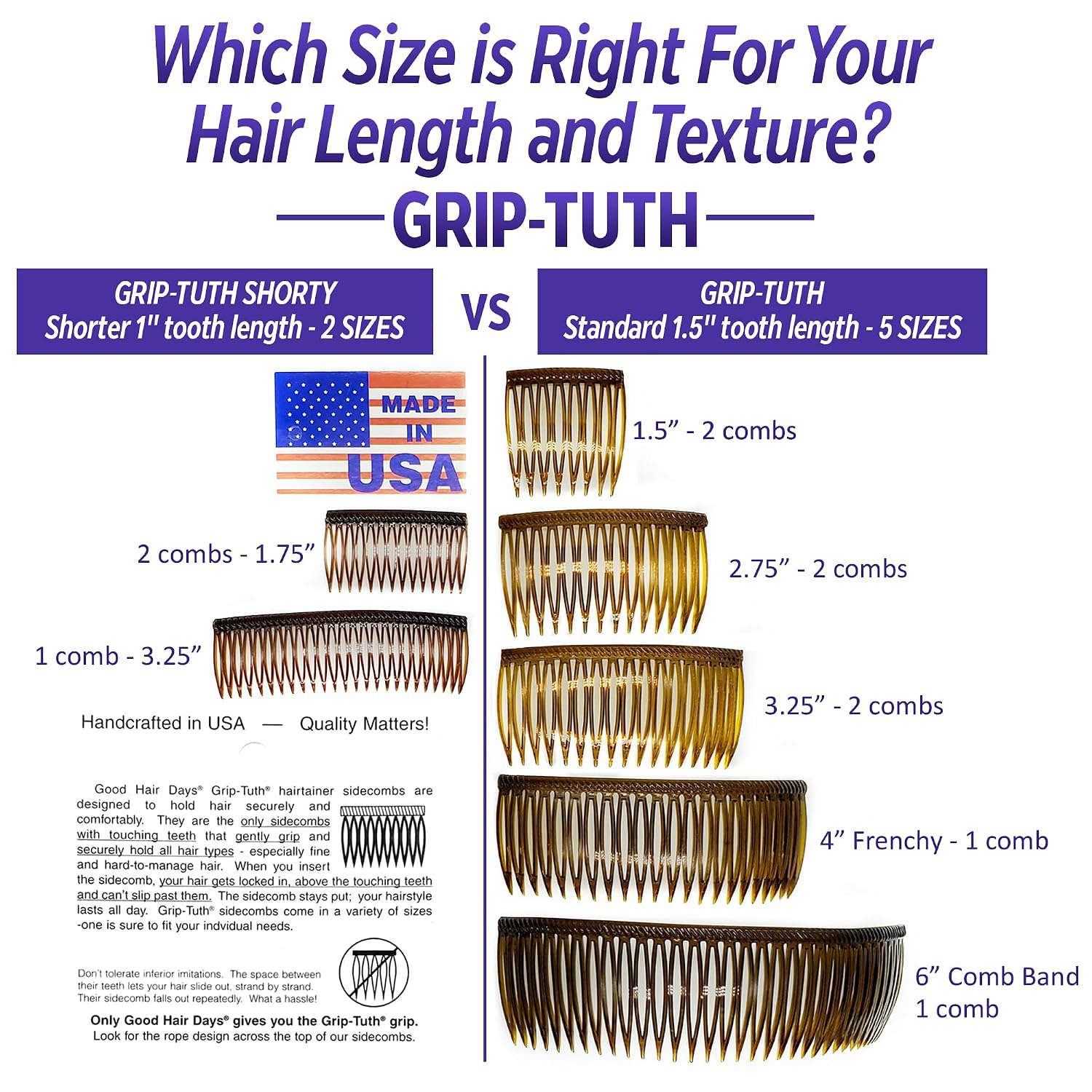 Good Hair Days Grip-Tuth Combs 40415 Set Of 2, Tortoise Shell Color 2 3/4" Wide