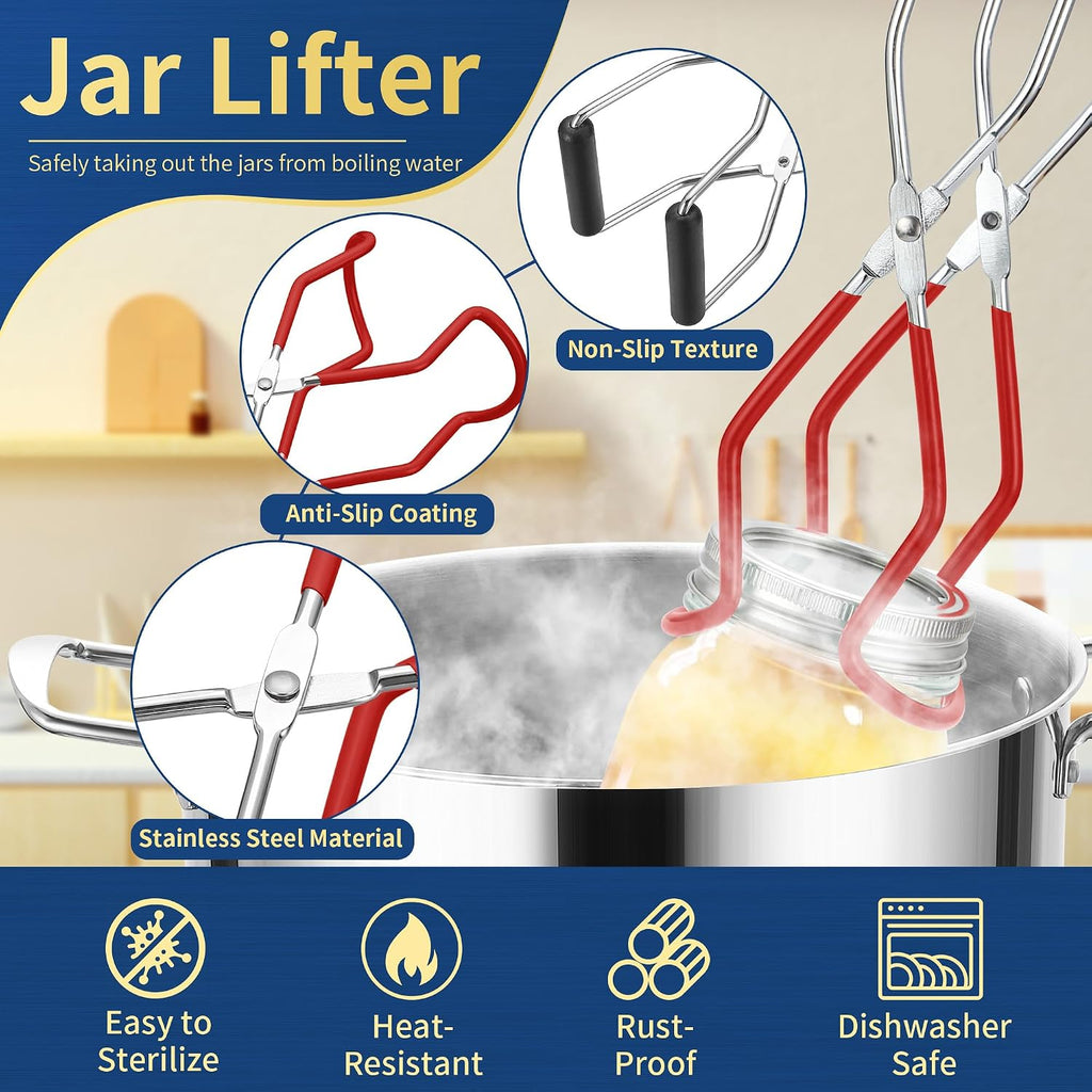 Canning Jar Lifter Tongs With Jar Lid Lifter Magnetic Lid Lifter,Canning Bubble Popper Bubble Remover And Canning Labels For Canning Supplies Starter Kit,4Pcs Canning Tools-Red