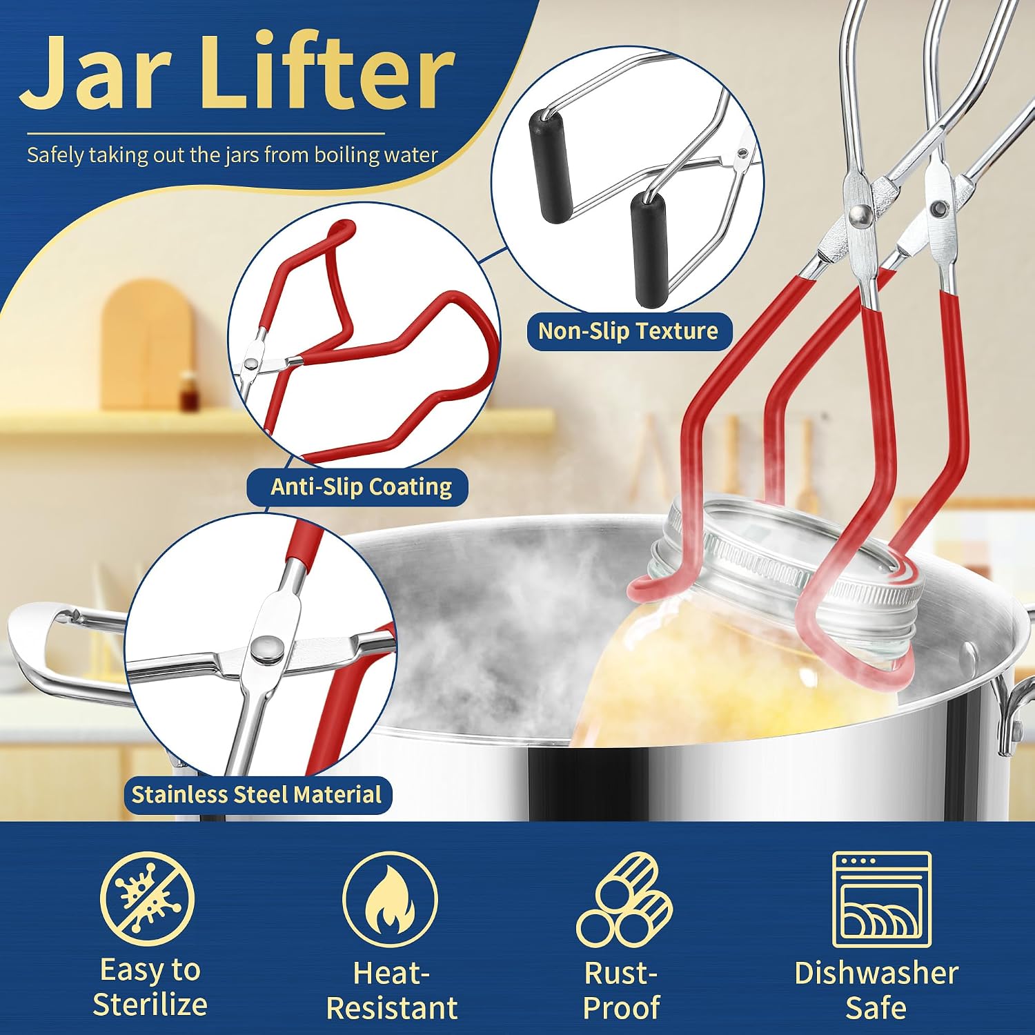 Canning Jar Lifter Tongs With Jar Lid Lifter Magnetic Lid Lifter,Canning Bubble Popper Bubble Remover And Canning Labels For Canning Supplies Starter Kit,4Pcs Canning Tools-Red
