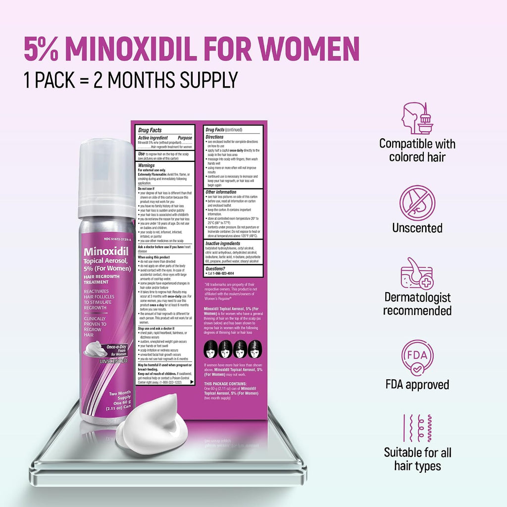 Minoxidil For Women, 2.11 Oz (2 Months Supply) Clinically Proven To Regrow Hair, Topical Aerosol Foam 5%, Hair Thinning Treatment