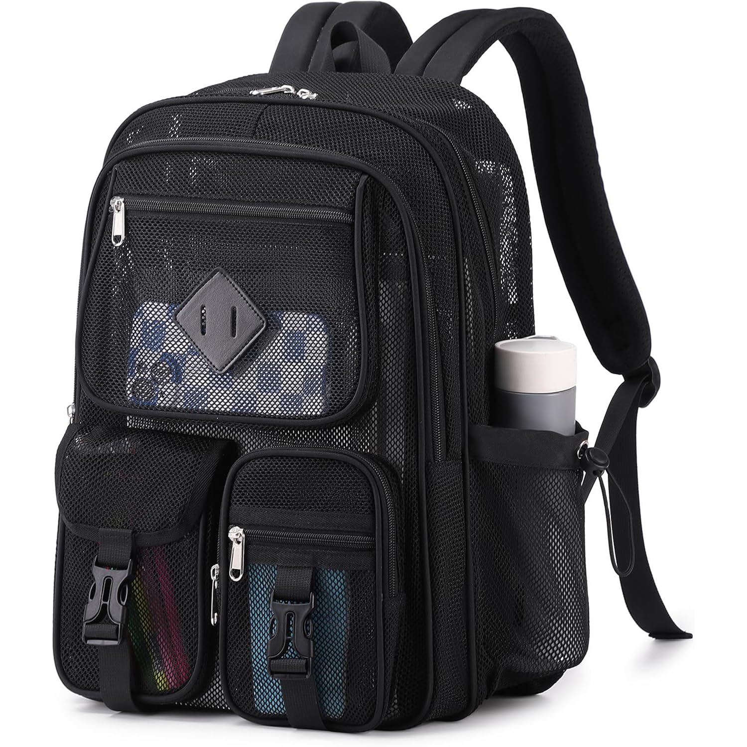 Mesh Backpack For School Heavy Duty See Through Net Bookbag Girls Boys Semi-Transparent Net Back Pack For Beach, Swimming, Sports, Work, Travel (Black)