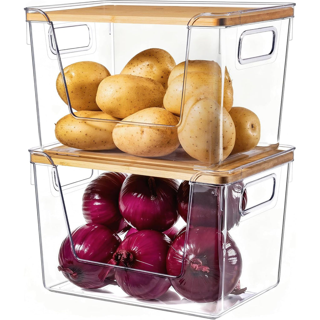 2 Set Pantry Organizers And Storage With Bamboo Lids, Stackable Clear Bins For Onion, Potato, Fruit, Vegetables, Trash Bag Dispenser, Kitchen And Under Sink Organizer
