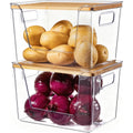 2 Set Pantry Organizers And Storage With Bamboo Lids, Stackable Clear Bins For Onion, Potato, Fruit, Vegetables, Trash Bag Dispenser, Kitchen And Under Sink Organizer