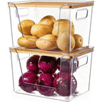 2 Set Pantry Organizers And Storage With Bamboo Lids, Stackable Clear Bins For Onion, Potato, Fruit, Vegetables, Trash Bag Dispenser, Kitchen And Under Sink Organizer
