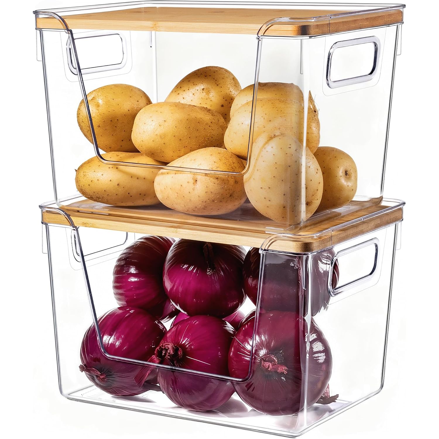 2 Set Pantry Organizers And Storage With Bamboo Lids, Stackable Clear Bins For Onion, Potato, Fruit, Vegetables, Trash Bag Dispenser, Kitchen And Under Sink Organizer