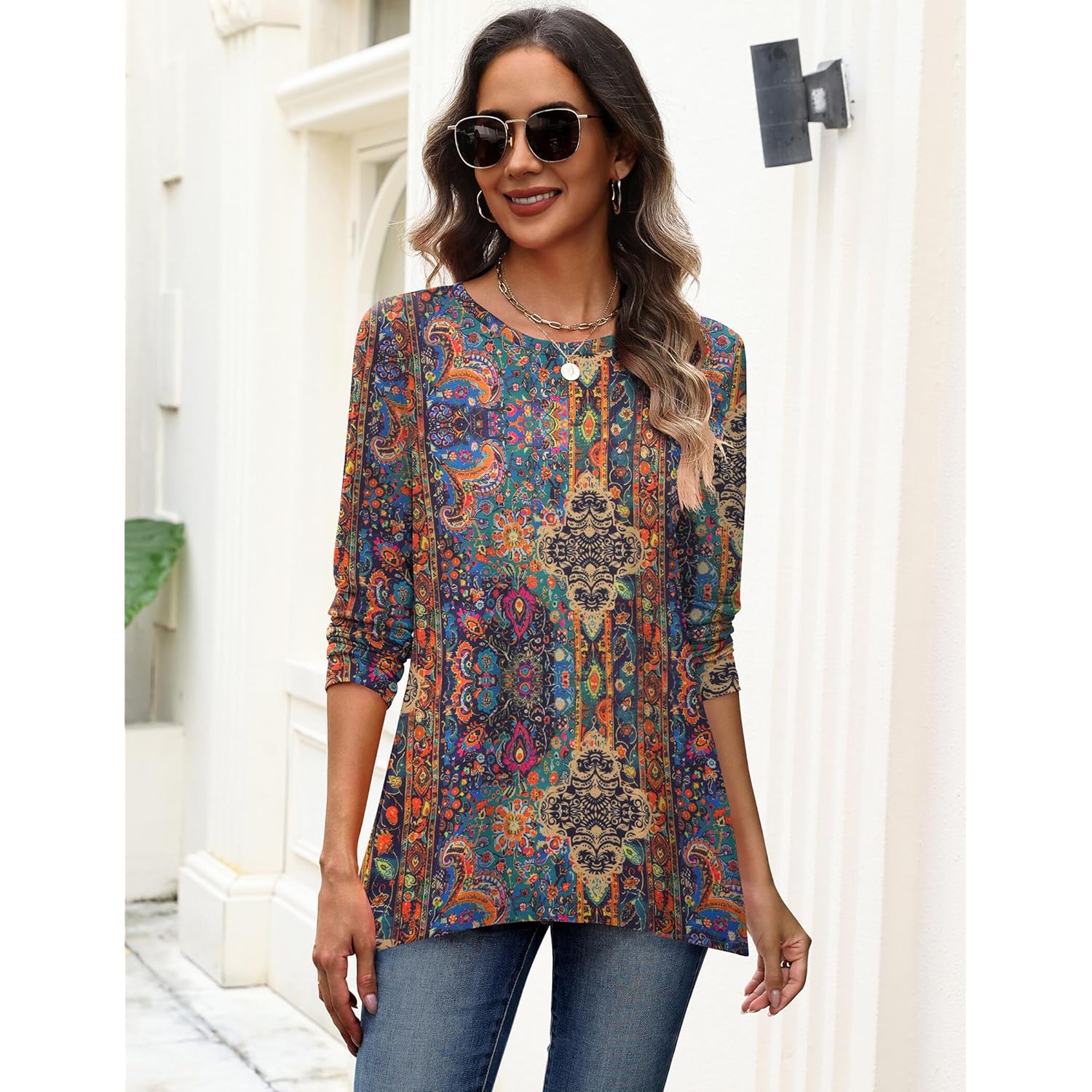 Long Sleeve Tops for Women Dressy Casual Sweatshirt Flowy Tunic with Asymmetrical Hem Crewneck Fall Clothes